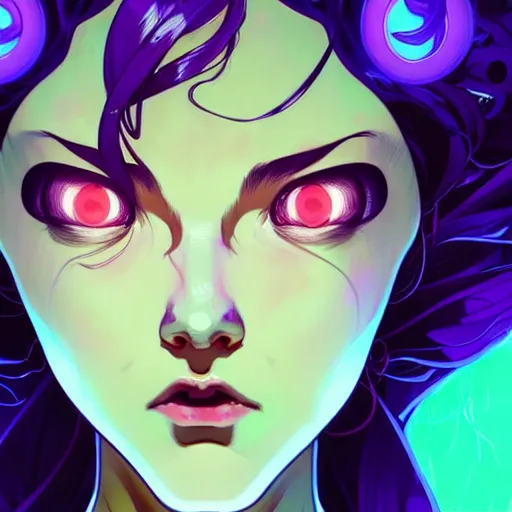 Image similar to a face portrait character design by artgerm, cushart krenz, greg rutkowski ross tran alphonse mucha. cute mad scientist girl!! glowing purple machine!! bold outline sharp edges. ultra clear detailed. 8 k. elegant, neon colors, symmetry, intricate complexity, epic composition, magical atmosphere, cinematic lighting masterpiece trending on artstation 8 k octane.