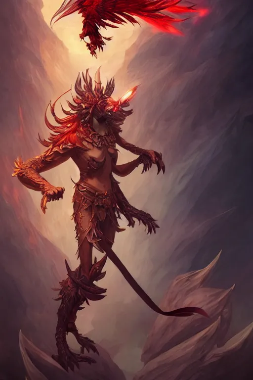 Prompt: a full body portrait of mixed final fantasy zeromus and mythical phoenix, with claws, levitating, fantasy, sharp focus, intricate, elegant, digital painting, artstation, matte, highly detailed, concept art, illustration, ambient lighting, art by peter mohrbacher, johannes voss, jingna zhang