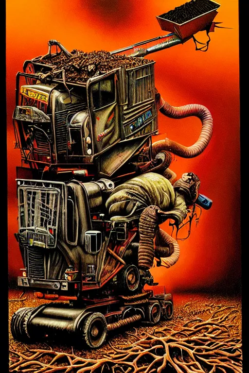 Image similar to a hyperrealistic painting of a death machine spewing chunks out of a wood chipper, cinematic horror by chris cunningham, lisa frank, richard corben, highly detailed, vivid color,