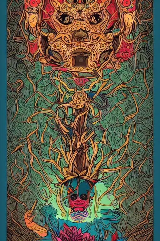 Image similar to animal mask totem roots flower tribal feather gemstone plant wood rock shaman vodoo video game vector cutout illustration vivid multicolor borderlands comics by josan gonzales and dan mumford radiating a glowing aura