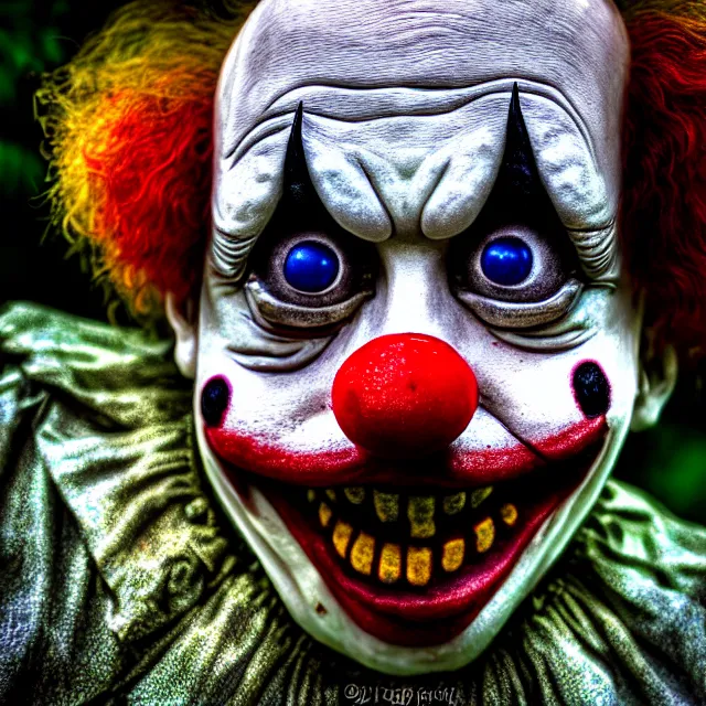 Image similar to creepy clown in your garden, highly detailed, 8 k, hdr, smooth, sharp focus, high resolution, award - winning photo