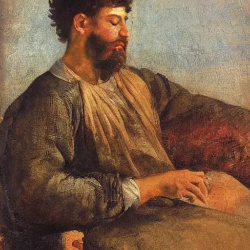 Prompt: it's morning. sunlight is pouring through the window bathing the face of a man holding a feather and enjoying a hot cup of coffee. a new day has dawned bringing with it new hopes and aspirations. painting by titian, 1 5 6 6