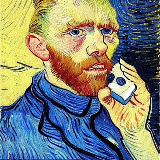 Prompt: white blonde hairy german male making a sales call. oil painting. van gogh