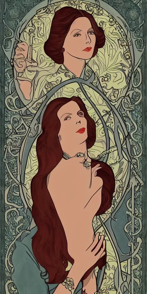 Prompt: Greta Garbo in the style of Mucha