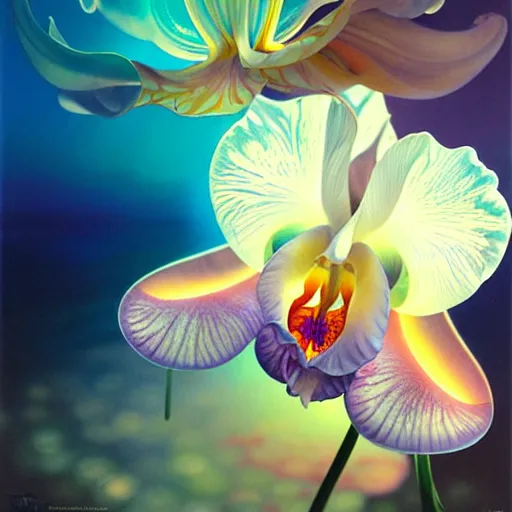 Image similar to detailed giant white holographic orchid iris hybrid flower, lsd water, lsd ripples, droplets, backlit, sunset, refracted lighting, art by collier, albert aublet, krenz cushart, artem demura, alphonse mucha