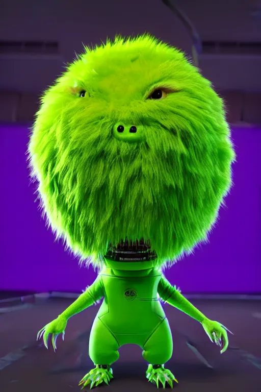 Image similar to high quality 3 d render cyberpunk very tennis ball monster highly detailed, unreal engine cinematic smooth, in the style of blade runner & detective pikachu, hannah yata charlie immer, purple light, low angle, uhd 8 k, sharp focus