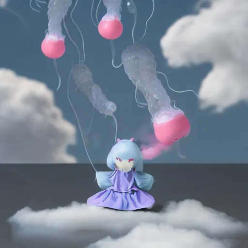 Image similar to cute fumo plush of a girl made out of steam, clouds, floating jellyfish girl, vray refractive optics simulation, gi