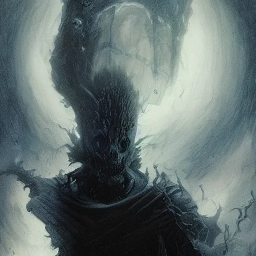 Image similar to head and shoulders portrait of a ghostly, shadowy, spectral wraith portrayed by tom cruise, d & d, fantasy, greg rutkowski, frank frazetta, alexandre chaudret, boris vallejo, michael whelan, miro petrov, hr giger, magali villeneuve, donato giancola