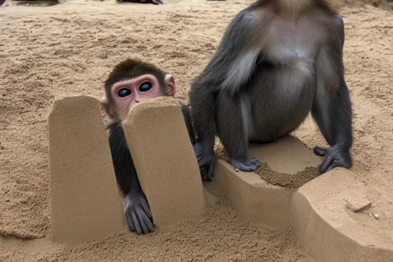 Prompt: a monkey touching a sand castle