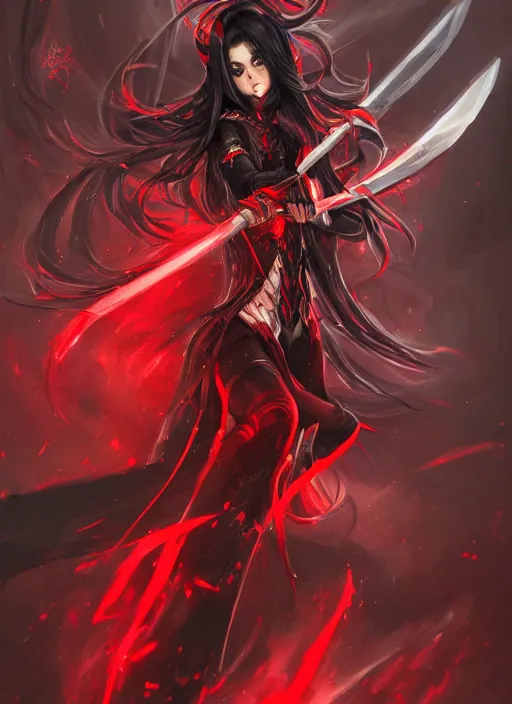 Image similar to a highly detailed illustration of elegant hime cut long black haired woman wearing red and black battle dress, heroically wielding black blade pose, with red magic surrounding her, intricate, elegant, highly detailed, centered, digital painting, artstation, concept art, smooth, sharp focus, league of legends concept art, WLOP