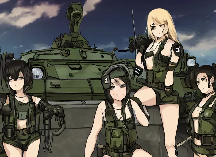 Image similar to female tank crew posing triumphantly next to their tank, anime, trending on pixiv