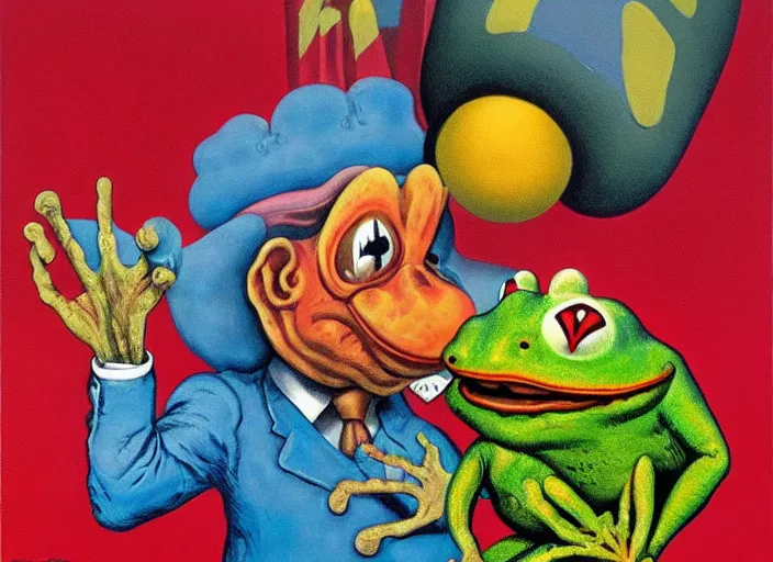 Image similar to The Clown Frog King welcomes you Clown World, painting by Robert Crumb, René Magritte and Ralph McQuarrie, high detail