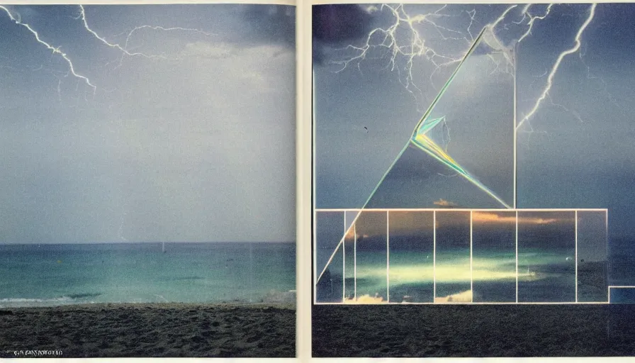 Prompt: A 1985 vintage magazine architecture photo of a, mediterranean architecture, refracted lines and sparkles, thunderstorm outside, beach on the background major arcana sky and occult symbols, hyperrealistic, award-winning, 1985