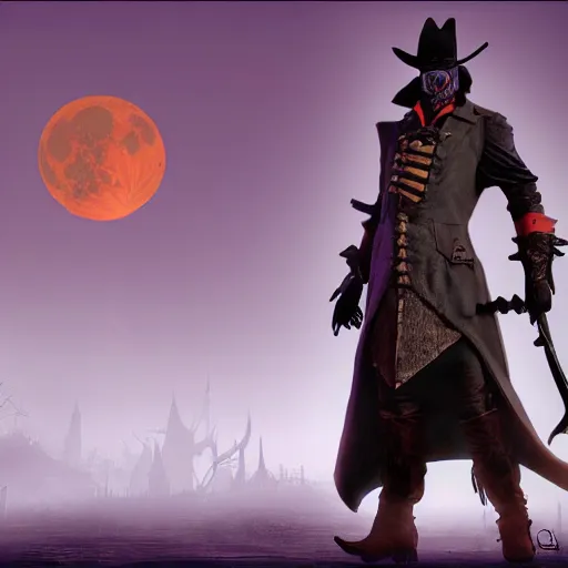 Image similar to a detailed 3 d render of darkwing duck dressed as the hunter from bloodborne, let's get dangerous, in the style animation of darkwing duck, digital art, dark fantasy, concept art, soulslike, by alphonse mucha, blood moon eclipse, wherewolves in a ruined building in the background, artstation, 8 k, unreal engine render