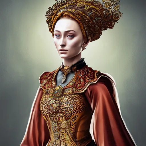 Image similar to sophie turner in javanese victorian clothing, hyper realistic, ambient lighting, concept art, intricate, hyper detailed, smooth, dynamic volumetric lighting, octane, raytrace, cinematic, high quality, high resolution, 4 k, cgsociety, rutkowski, gurney