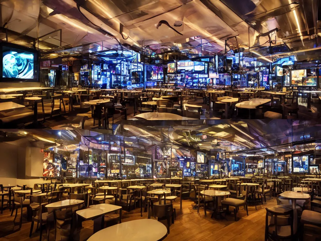 Image similar to screens with curved translucent screens projecting detailed sci - fi art, pixel perfect photograph, high contrast, volumetric lighting, thin glowing lights, restaurant, chairs, users, pair of keys