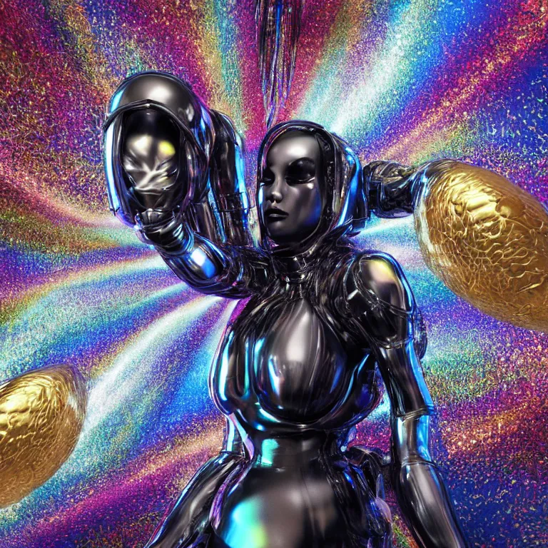 Prompt: octane render by wayne barlow and carlo crivelli and glenn fabry, a woman in a skintight shiny black spacesuit with intricate iridescent metal detailing, covered in bright colorful tropical alien flora inside a massive cavernous metal dome, cinema 4 d, ray traced lighting, ultra - detailed, volumetric lighting, very short depth of field, bokeh