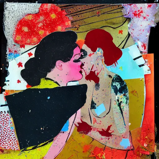 Prompt: two women kissing at a carnival in spain, mixed media collage, retro, paper collage, magazine collage, acrylic paint splatters, bauhaus, claymation, layered paper art, sapphic visual poetry expressing the utmost of desires by jackson pollock
