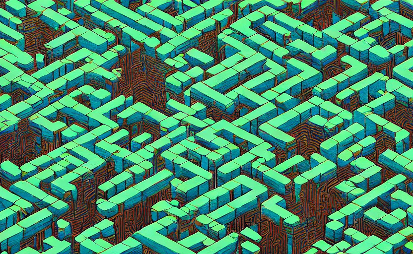 Image similar to interior of an elaborate labyrinth of runic cubes, ancient overgrown, dark teal, endless maze - like runes, sharp high detail, masterpiece by satoshi kon, crystal cubism, greeble, tesseract, darksynth, high definition