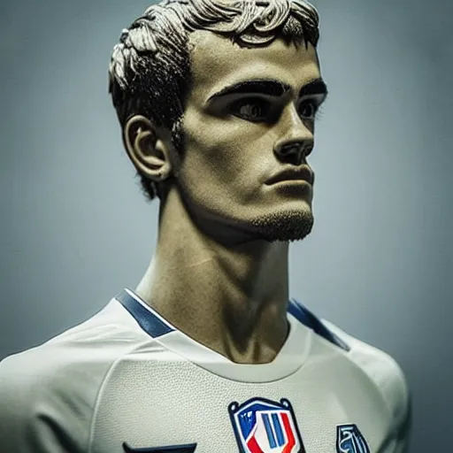 Image similar to “ a realistic detailed photo of a guy who is an attractive humanoid who is half robot and half humanoid, who is a male android, soccer player antoine griezmann, shiny skin, posing like a statue, blank stare, at the museum, on display ”