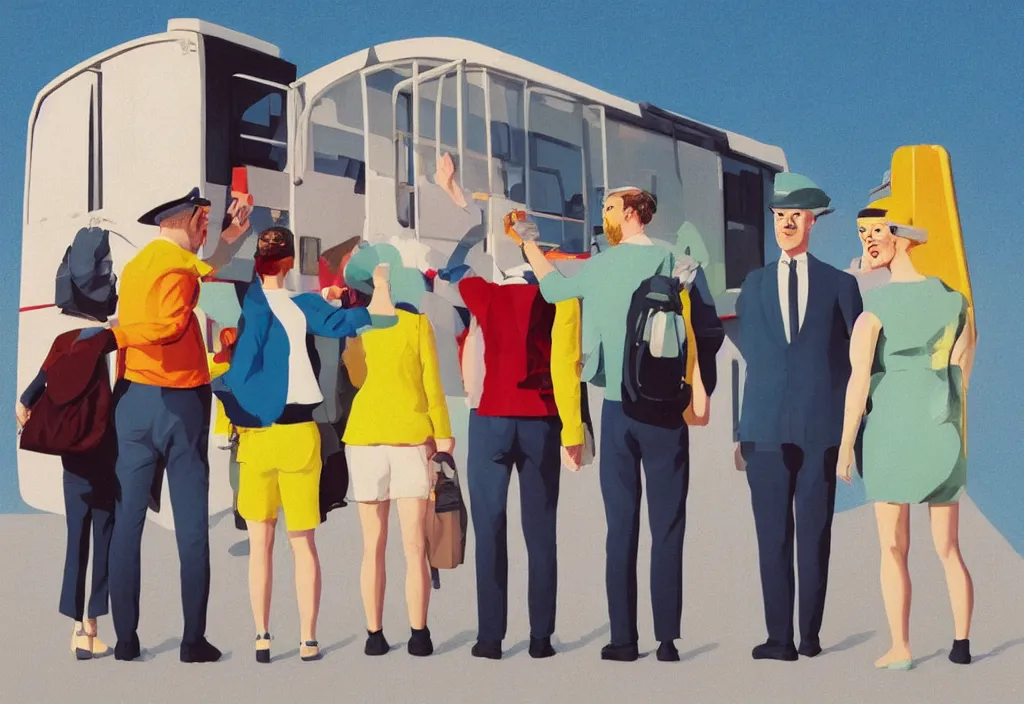 Image similar to full body portrait of a trio of european tourists getting off a tour bus for sightseeing, character designs painting, in the style of wes anderson, rene magritte, lola dupre, isolated on white background, dark monochrome neon spraypaint accents volumetric octane render