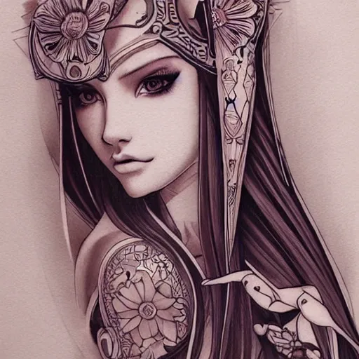 Image similar to tattoo design, stencil, beautiful young female, long dark hair, symmetrical facial features, Japanese, partially clothed in robe, by William-Adolphe Bouguerea and artgerm