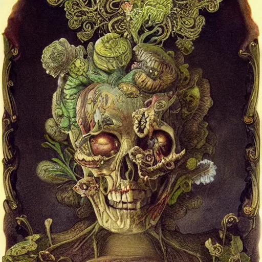 Image similar to a beautiful detailed front view rococo portrait of a rotten woman corpse becoming almost a skull with face muscles, veins, arteries, fractal plants and fractal flowers and mushrooms growing around, intricate, ornate, volumetric light, beautiful lit, beetlejuice