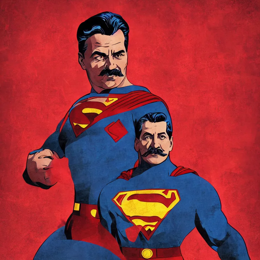 Prompt: stalin as superman, red son, socialist realism, sovietwave aesthetic, hammer and sickle, red square moscow, artgem, photorealistic, detailed, intricate digital art, trending artstation, 8 k uhd, unreal 5, arnold gpu + octane workflow, volumetric lighting, rich moody colors, fan art, concept art, epic comic book style