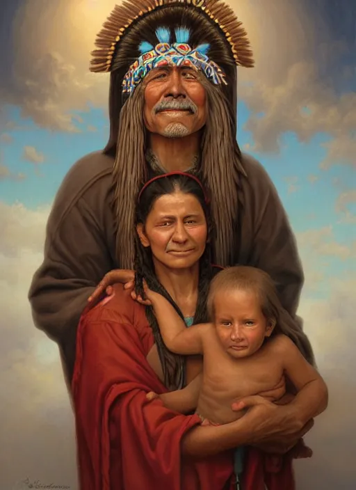 Image similar to portrait of an indigenous grandfather and grandmother in the clouds, smiling, protection, benevolence, ancestors, art by christophe vacher