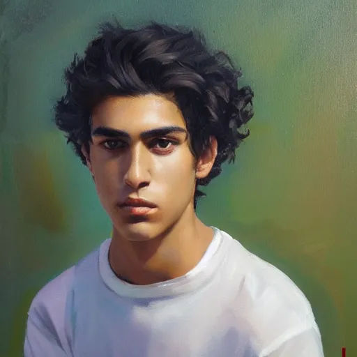 Image similar to oil painting by ilya kuvshinov, baugh casey, rhads, coby whitmore, of a youthful persian - indian college student, fair olive skin, refined features, high cheekbones, handsome, curly black hair, outdoors, highly detailed, breathtaking face, studio photography, dawn, intense subsurface scattering, blush, supple look, innocence, intense sunlight