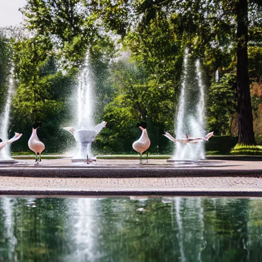 Image similar to a group of geese by a park fountain, 50mm Sigma lens, shot on a Sony A7siii