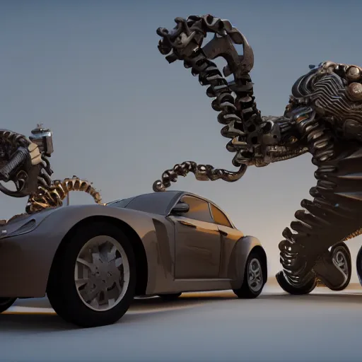 Image similar to mechanical greek hydra with cars as heads, cinematic, diffuse light, rendered in povray