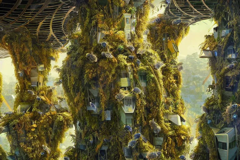 Prompt: futuristic foliage overgrowing favela honeybee hive, art nouveau environment, award winning art, epic dreamlike fantasy landscape, ultra realistic,