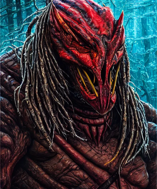 Image similar to a portrait of the predator by chris ayers, oil on canvas, deep depth field, masterpiece, by dan mumford, trending on artstation, featured on pixiv, cinematic composition, hyper - detailed, hd, hdr, 4 k, 8 k