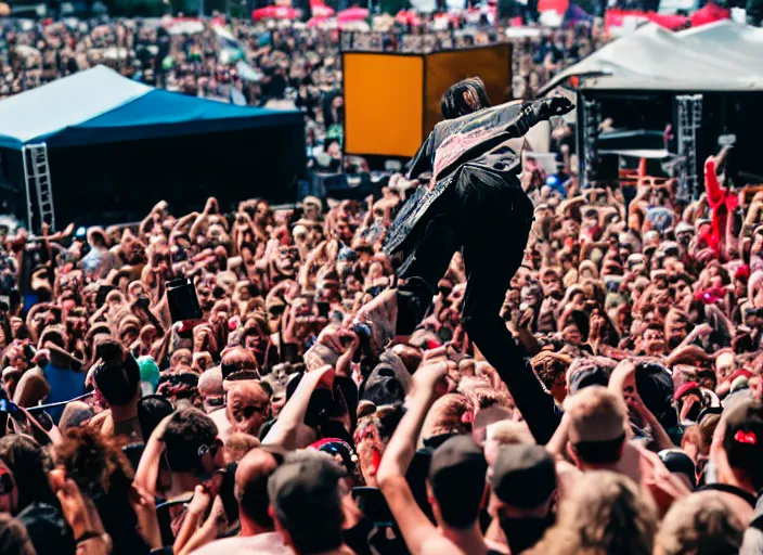 Image similar to photo still of richard belzer on stage at vans warped tour!!!!!!!! at age 3 3 years old 3 3 years of age!!!!!!!! stage diving into the crowd, 8 k, 8 5 mm f 1. 8, studio lighting, rim light, right side key light