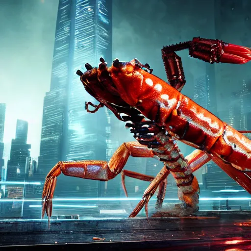 Prompt: a giant terrifying cyber shrimp destroying a dystopian city, cyberpunk, sharp focus, dynamic lights, still, photograph, hyper realistic, masterpiece, octane render, rendered, 3 d, cinematic, cinematic lighting, dramatic lighting, highly detailed, intricate details, texture, cinematic composition, by donglu yu and kevin jick and eddie del rio