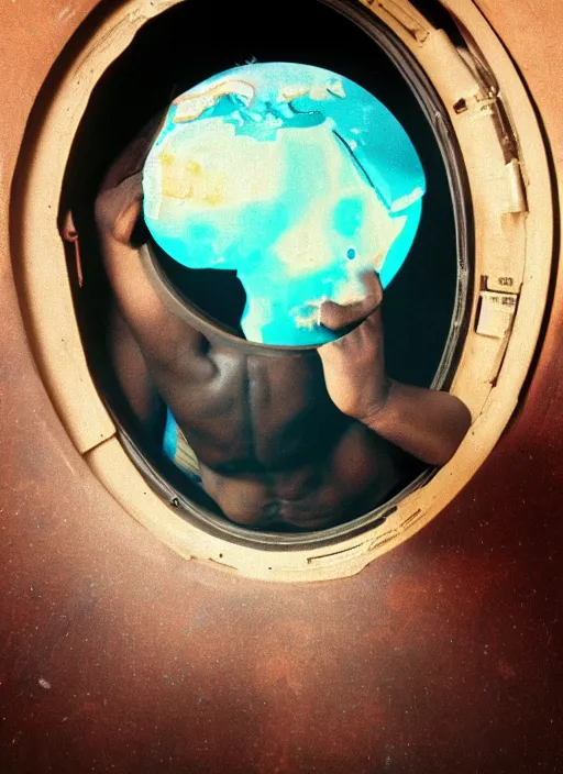 Prompt: analogue photo of an African tribal man looking at planet earth from a spaceship porthole window, photography shot by martha cooper,