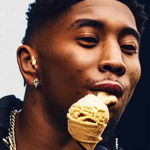 Image similar to rapper YoungBoy never broke again eating ice cream digital art 4K quality super realistic