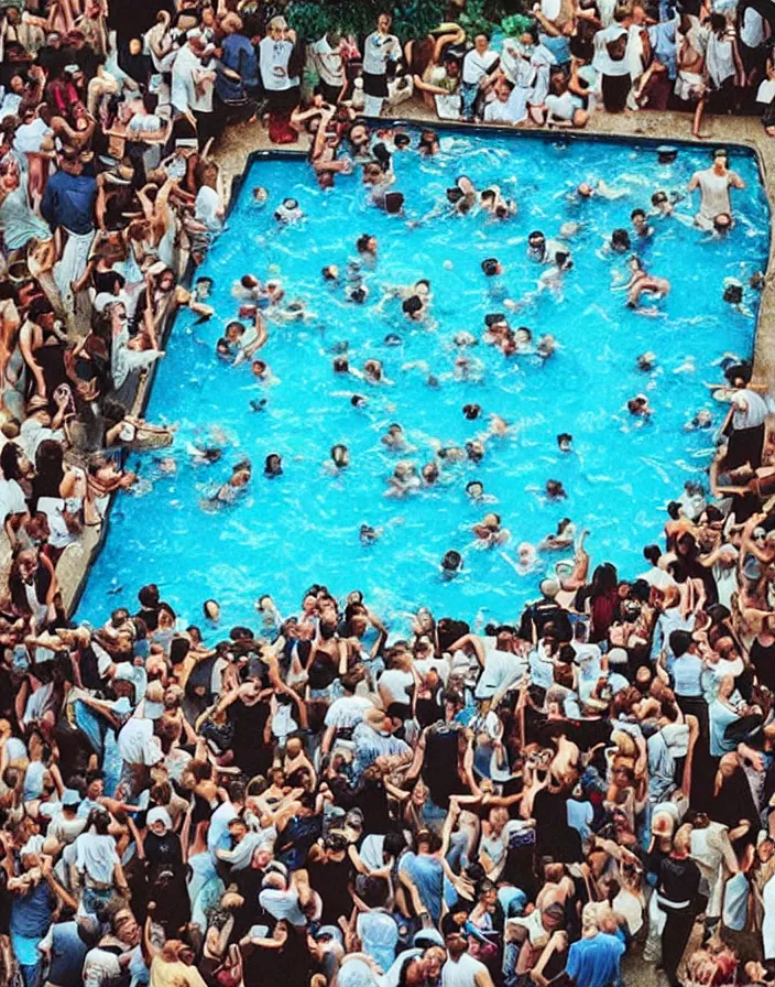 Prompt: “ a mob of angry people stuck in a small square swimming pool ”