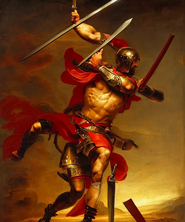 Image similar to renaissance painting of muscular roman soldier with sword by simon bisley and greg rutkowski, full body armor! dynamic battle pose, vivid red and gold color scheme, cinematic atmospheric lighting