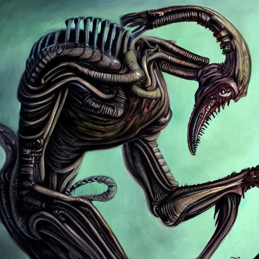 Image similar to detailed painting of a hybrid between a xenomorph and a my little pony, in the style of h r giger and wayne barlowe