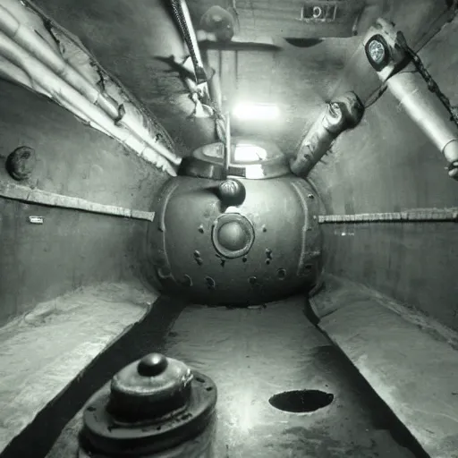 Image similar to year 1930, inside an empty ussr submarine, foggy and dark with littles light beams coming from many holes, in metal walls, photorealism 8k, cinematic, high details, neat