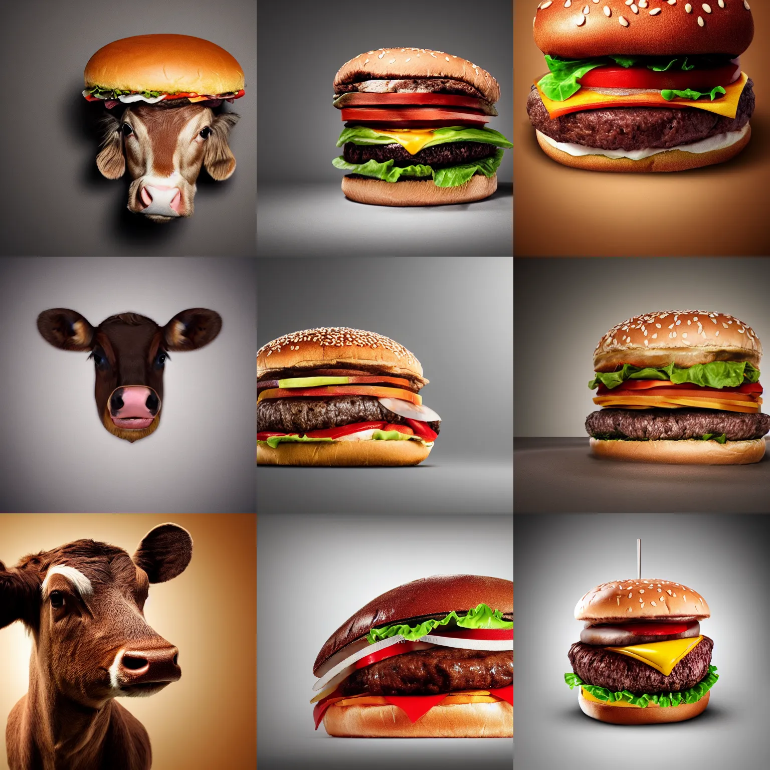 Prompt: a brown calf animal head on a hamburger, photorealistic, studio lighting