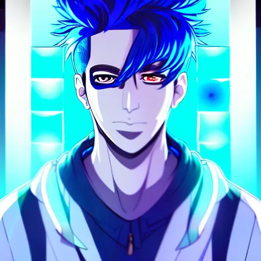 Image similar to a highly detailed portrait of a man with navy blue hair and blue glowing eyes, blue transparent cubes in backround, high detail clothing, concept art, anime, artstation, professional drawing