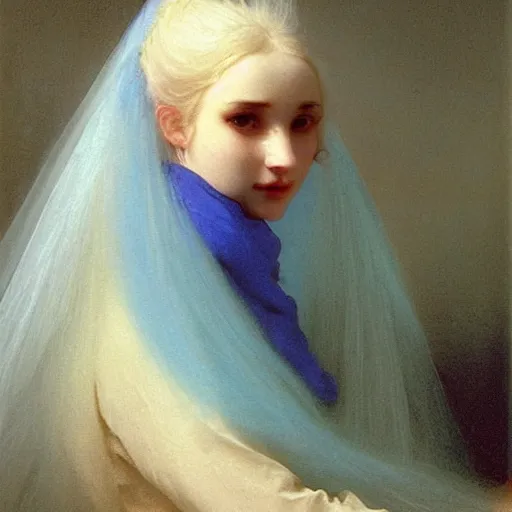 Image similar to a young woman’s face, her hair is white, she wears a long flowing blue satin veil, by ivan aivazovsky and pieter claesz and paul delaroche and alma tadema and august malmstrom and and willen claesz heda and aelbert cuyp and gerard ter borch, hyperrealistic, volumetric light, rendered in octane, c4d