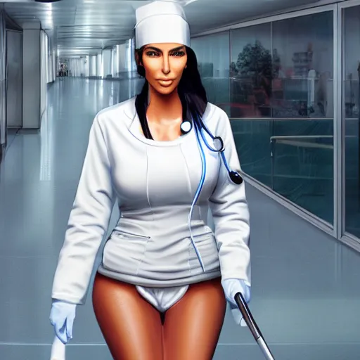 Image similar to kim kardashian exhausted working as a nurse in canada, photorealistic, dynamic light, ultra detailed