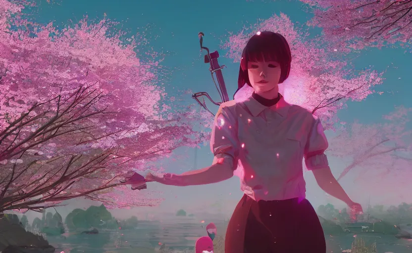 Image similar to queen of cherry blossoms, Low level, rendered by Beeple, Makoto Shinkai, syd meade, simon stålenhag, synthwave style, digital art, unreal engine, WLOP, trending on artstation, 4K UHD image, octane render,