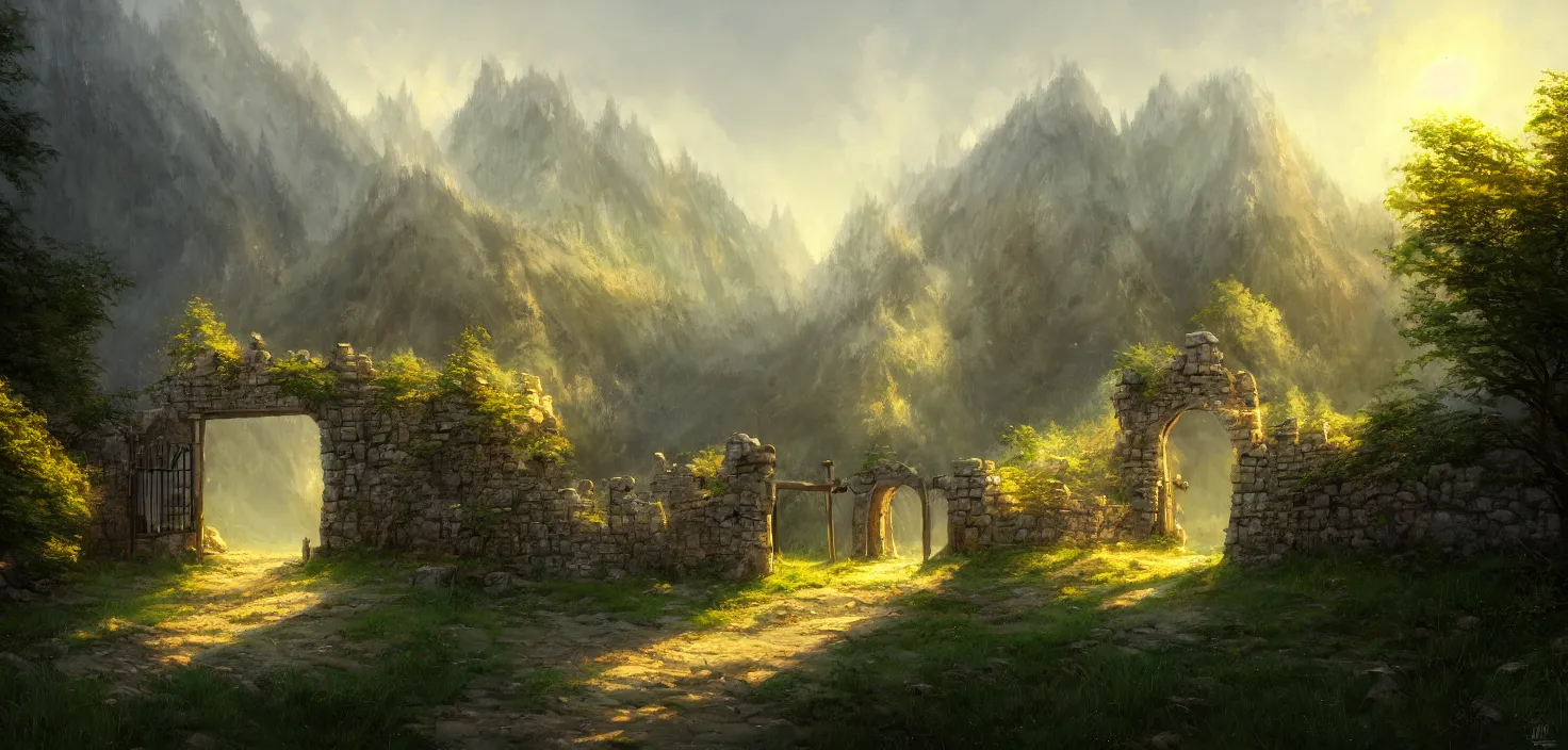 Prompt: digital painting of a small castle town closed off by large metal gate, border, behind a forest, large mountains in back, detailed, concept art, low angle, high detail, warm lighting, volumetric, godrays, vivid, beautiful, trending on artstation, by Jordan grimmer, huge scene, grass, art greg rutkowski