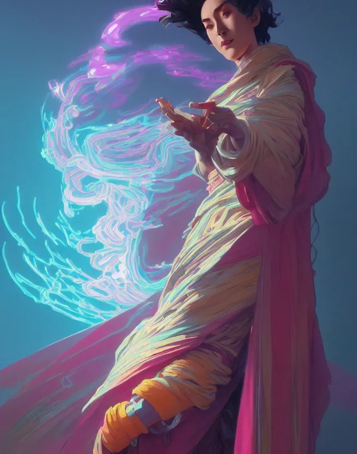 Image similar to a robot monk wearing a flowing cloak, vaporwave aesthetic, colorful, psychedelic, digital painting, artstation, concept art, smooth, sharp focus, illustration, art by artgerm and greg rutkowski and alphonse mucha