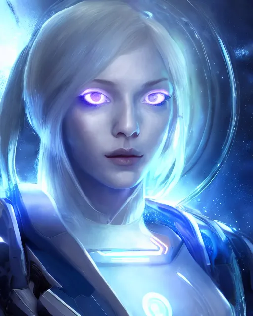 Image similar to perfect android girl on a mothership, warframe armor, beautiful face, scifi, futuristic, galaxy, nebula, raytracing, dreamy, long white hair, blue cyborg eyes, sharp focus, cinematic lighting, highly detailed, artstation, divine, by gauthier leblanc, kazuya takahashi, huifeng huang